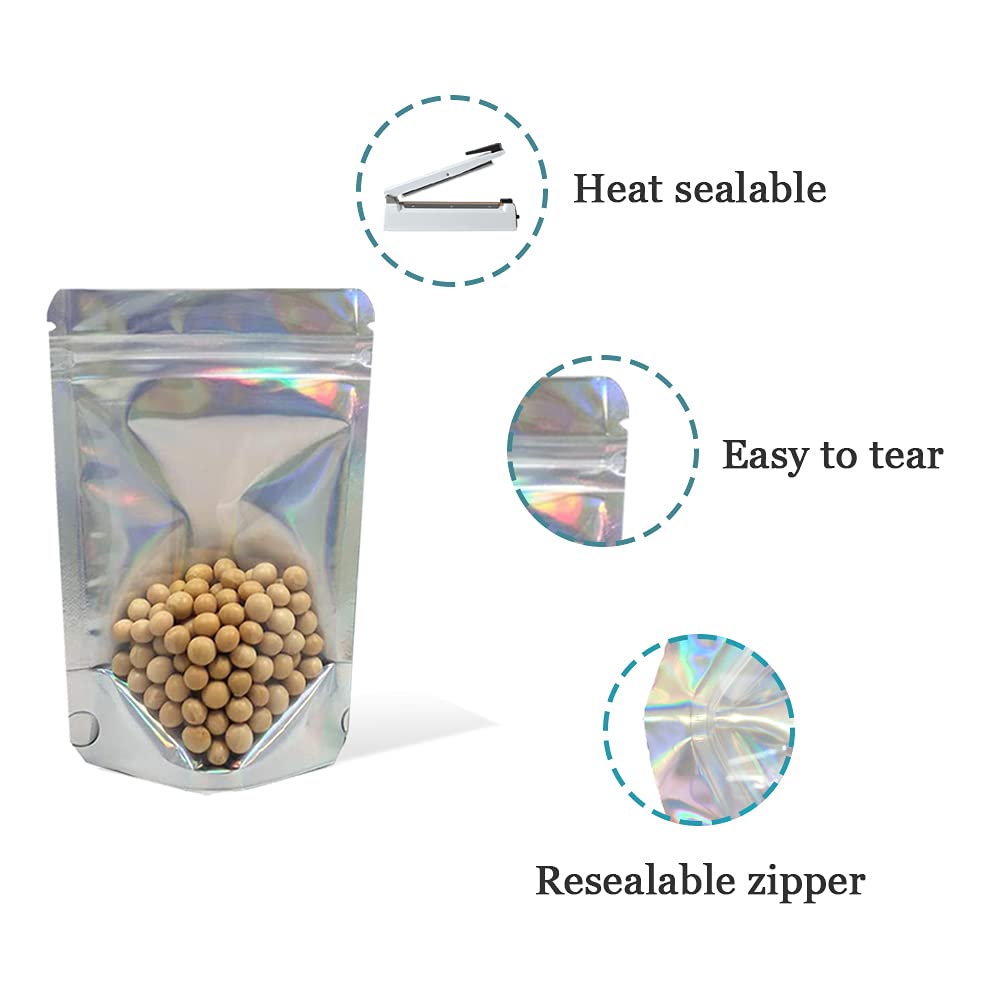 Bat Pack Resealable Stand Up Zipper Lock Bags Heat Seal Pouches Gusset Bottom Clear Foil Food Storage Packaging Bag (50, 3.3X5.1