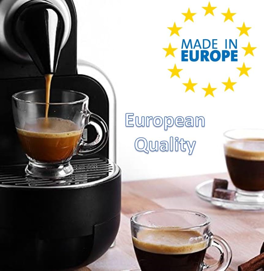 BOHEM'S Espresso Cups  3.2 oz Small Demitasse Clear Glass Espresso Drinkware  Set Of Cups  Saucers and Stainless Steel mini Spoons + Free Glass Spoons (set of 4)