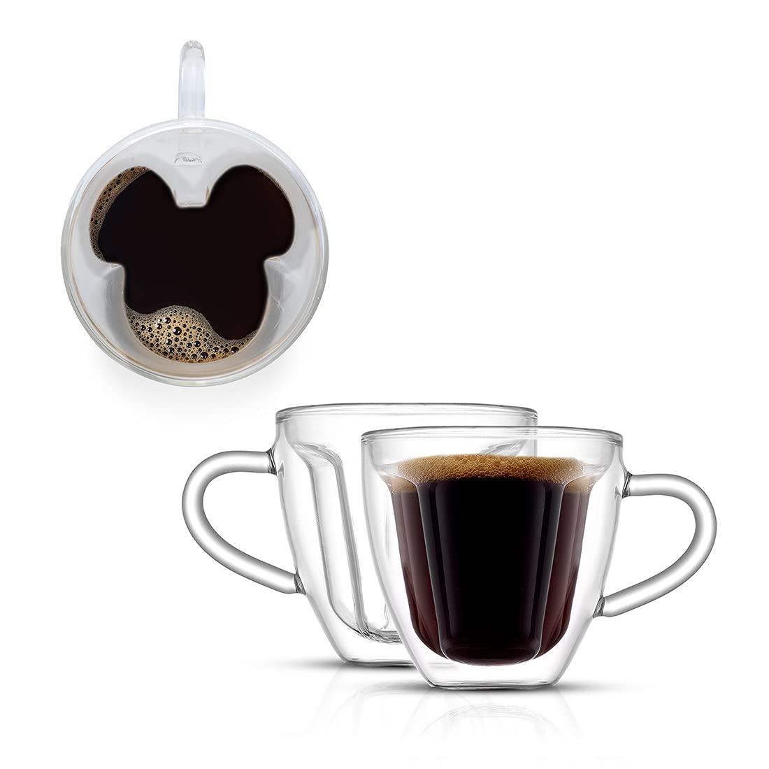 JoyJolt Disney Mickey Mouse 3D Espresso Cups 5.4oz Glass Set of 2 - Insulated Double Wall Design, Unique Coffee Mugs