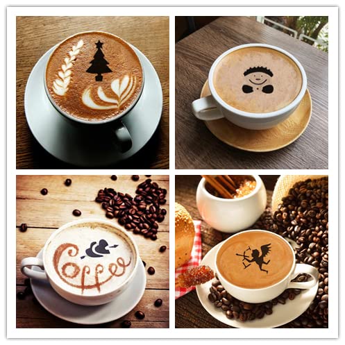 36 Coffee Decorating Stencils + 1 Stainless Steel Mesh Powder Shaker + 1 Coffee Latte Art Pen, Magnoloran Foam Latte Art Stencil