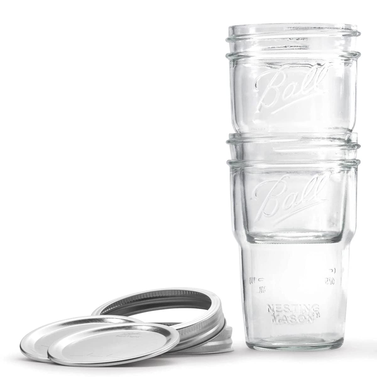 Ball Glass Nesting Mason Jars with Lids & Bands, Wide Mouth, Pint Size (Pack of 4)