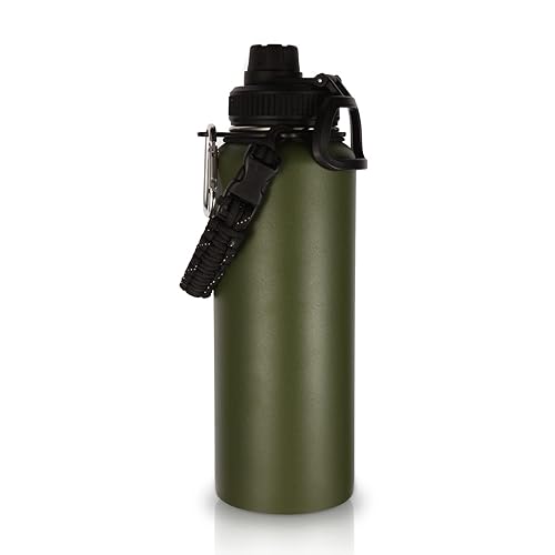 Volhoply 40 oz Insulated Water Bottles Paracord Handle  Stainless Steel Sports Bottle with Spout Lid  Reusable Double Walled Vacuum Metal Travel Thermos with Wide Mouth for Adults (Army Green  1 Set)