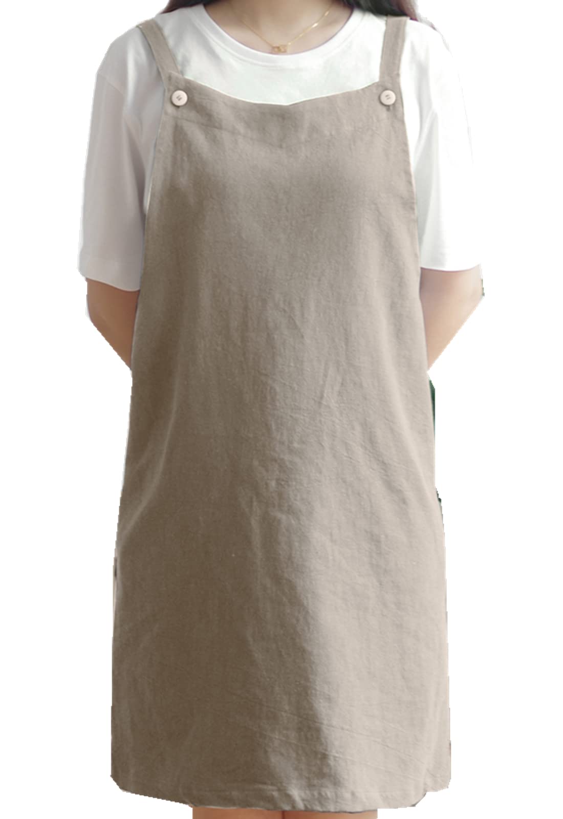 Bbybbs Kitchen Apron Japan Style Cotton Linen Two Pockets Adjustable H Shoulder Straps (Khaki)
