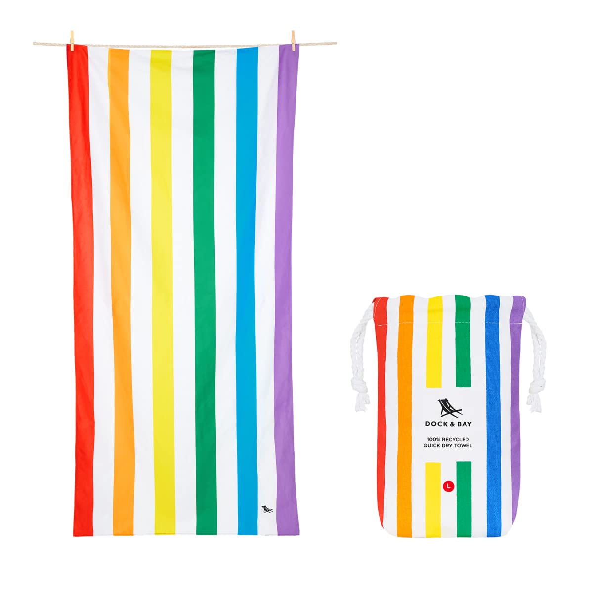 Dock & Bay Customized Beach Towel - Quick Dry, Sand Free - Compact, Lightweight - 100% Recycled - Includes Bag - Summer - Rainbo