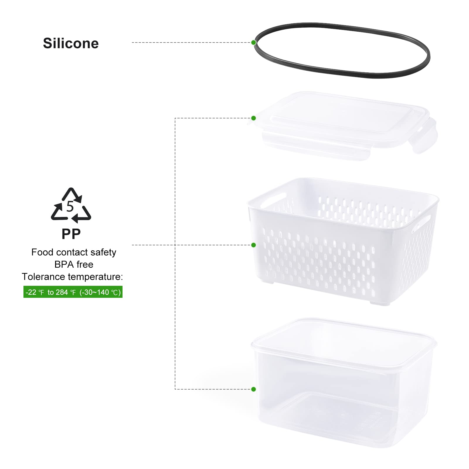 5 PCS Large Fruit Containers for Fridge - Leakproof Food Storage Containers with Removable Colander - Dishwasher & microwave safe Produce Containers Keep Fruits  Vegetables  Berry  Meat Fresh longer