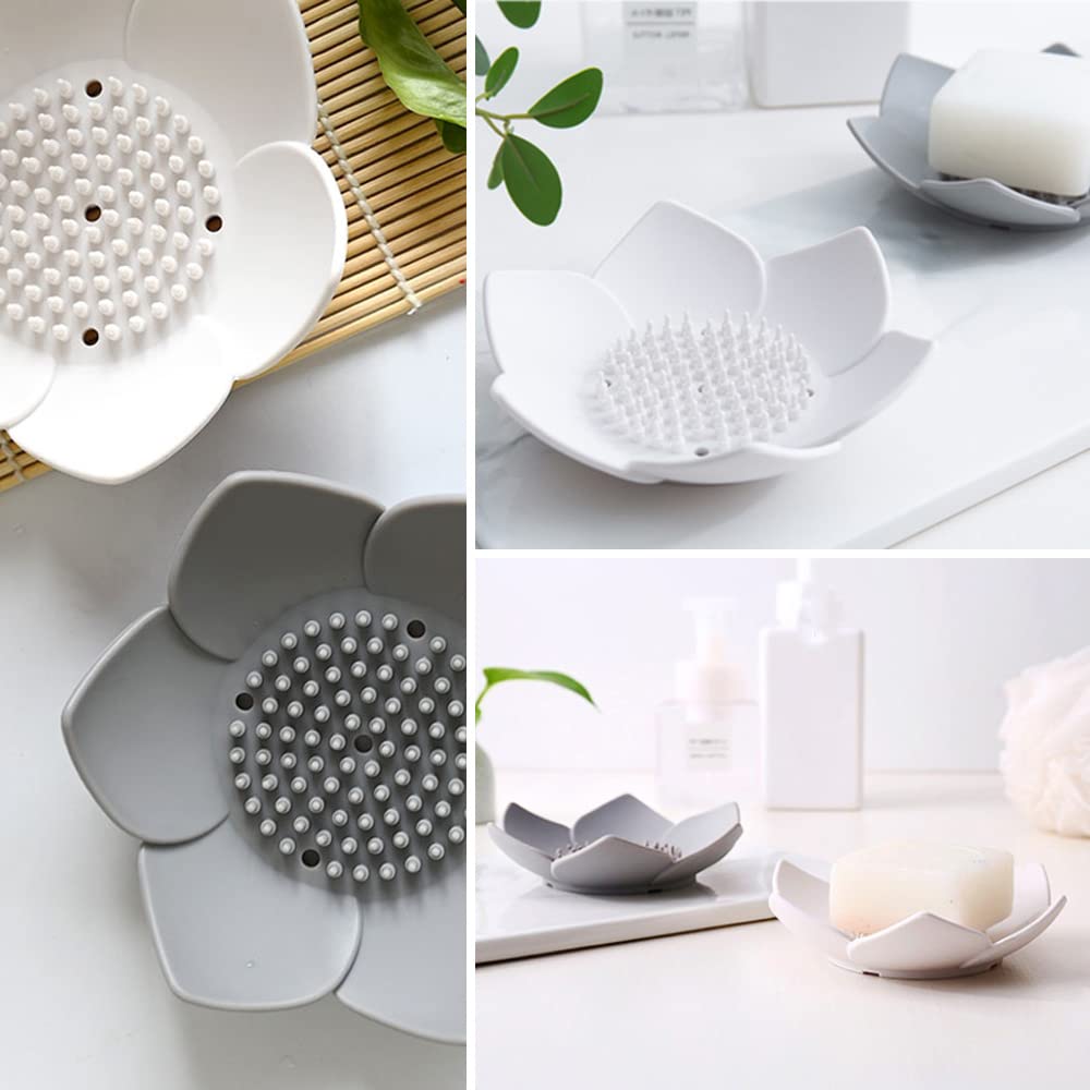 Leuapl Silicone Soap Dishes - 2 Pack, White & Grey, Draining Design for Shower, Sink & Bathtub