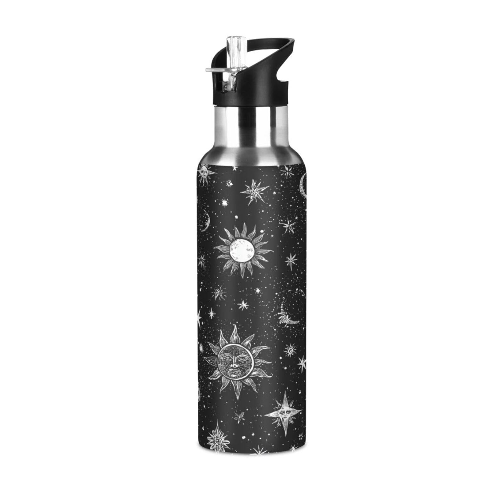 pnyoin White Ink Sars Suns Water Bottle with Straw Lid,Leakproof Vacuum Insulated Stainless Steel,20 Oz Hot Cold Thermal Flask D