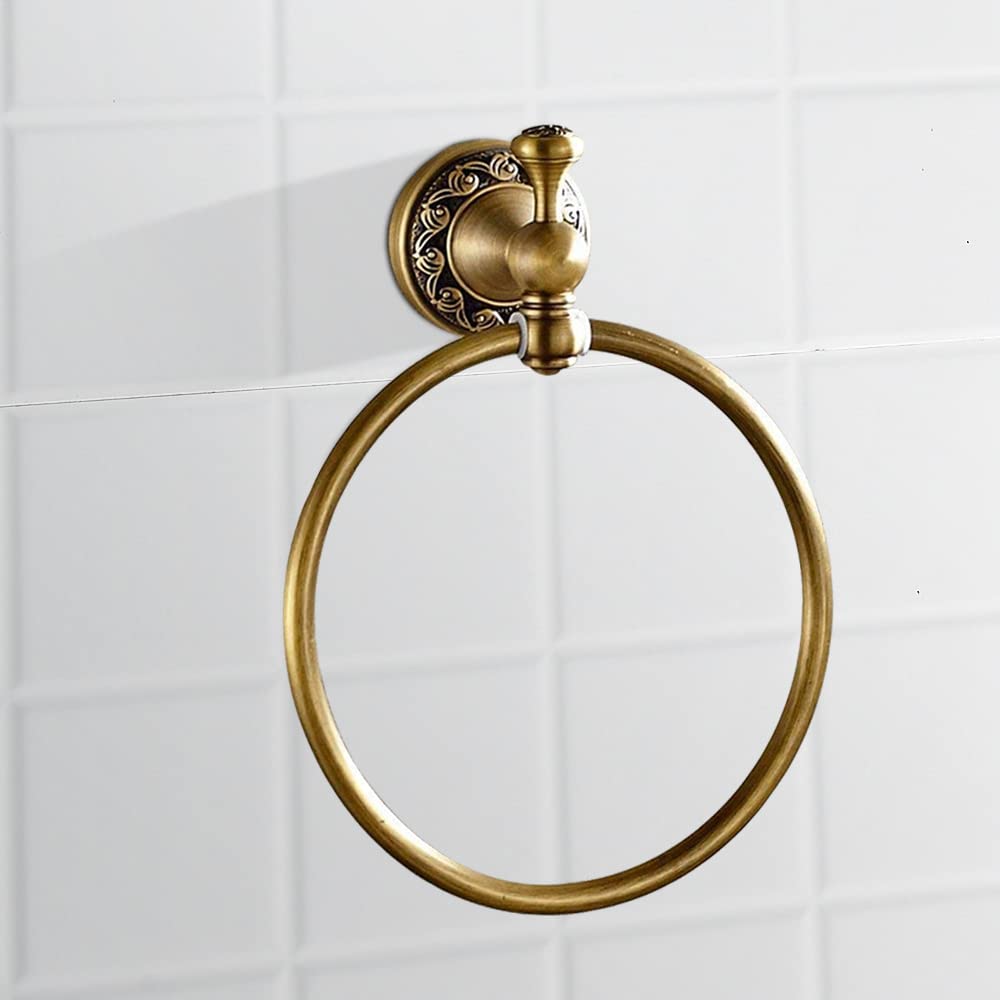 Leyden Brass Towel Ring  Antique Retro Round Towel Holder  Wall Mounted Bath Hand Towel Rack Rail Bathroom Hardware Classical Ancient Wave Pattern Base