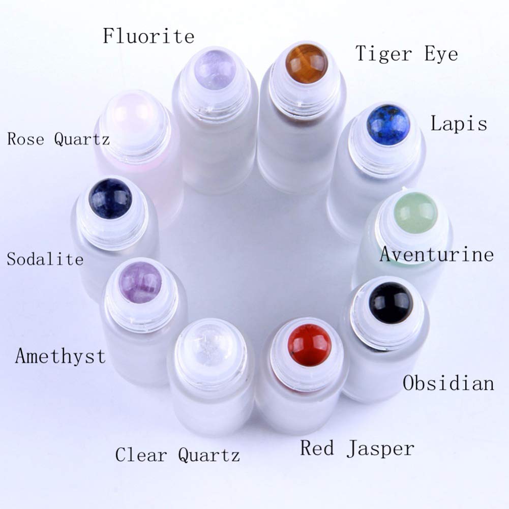 10Ml Roll On Bottle For Essential Oils,10 Pack Clear Glass Roller Bottles With Natural Crystal Gemstone Roller Balls Top,Bamboo