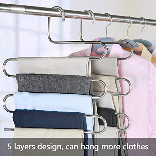 devesanter Pants Hangers Non-Slip S-Shape 4 Pack Trousers Hangers Stainless Steel Clothes Hangers Closet Storage Organizer for Pants Jeans Scarf (4 Pack with 10 Clips)