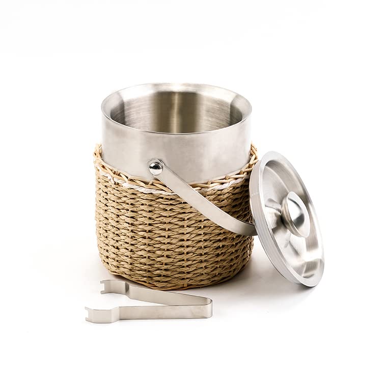 Ice Bucket With Lid, 2 Liter Stainless Steel Insulated Ice Bucket With Wicker Outer Basket Handle Tongs For Party Bar Buffet