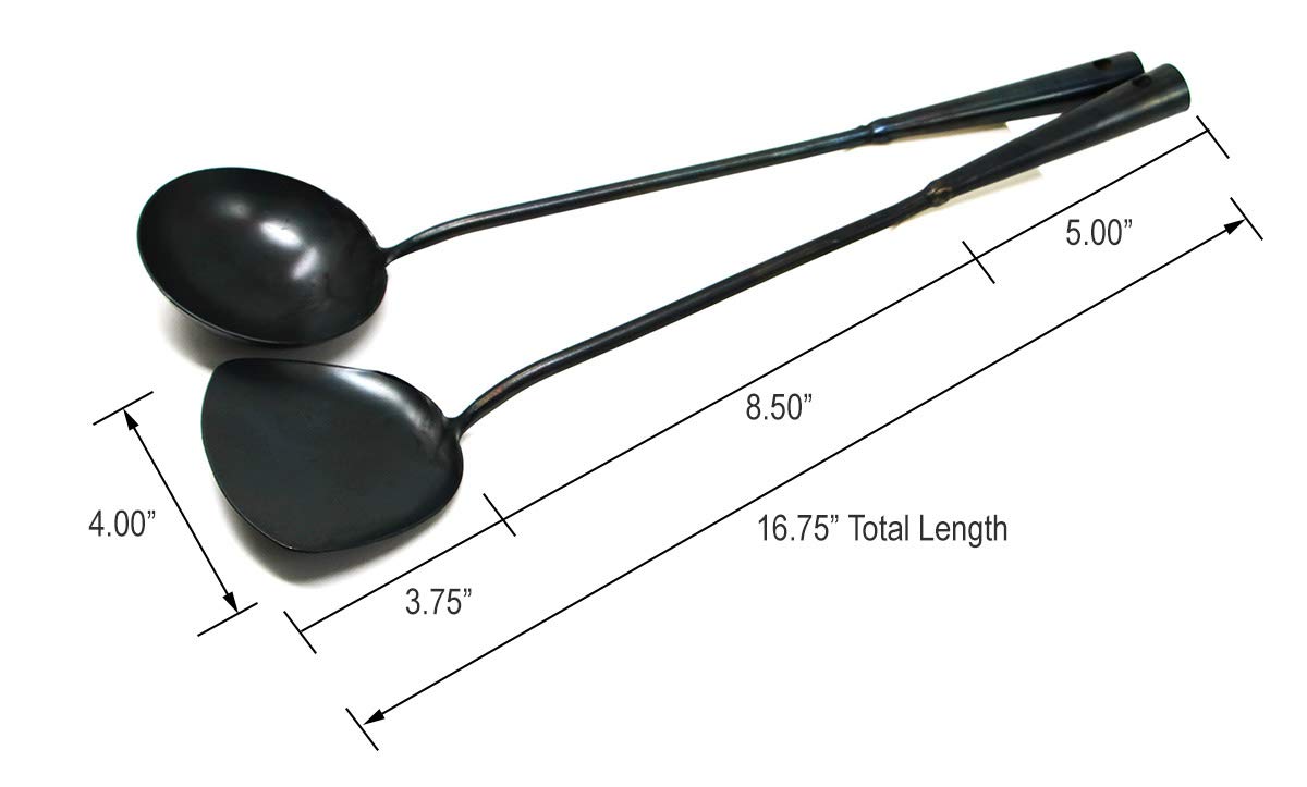 Serenita Traditional Hand Hammered Forged Wok Ladle Spatula Set, Protects Chinese Hammered Wok. No Harmful Coating. Non-Stick Wi