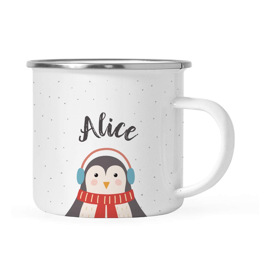 Andaz Press Personalized 11Oz. Christmas Hot Chocolate Stainless Steel Campfire Coffee Mug Gift, Penguin, 1-Pack, Custom Name En