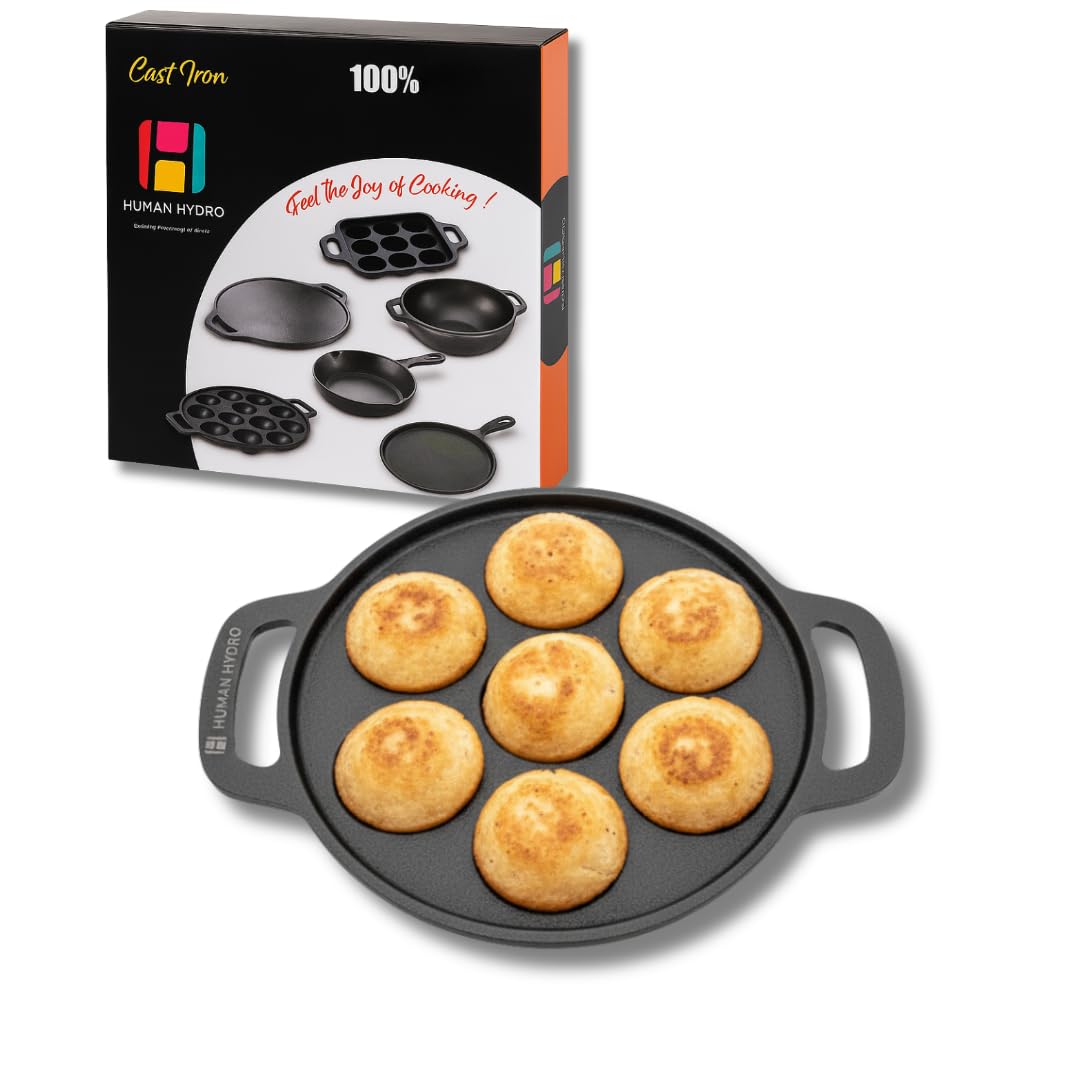 Human Hydro Pre-Seasoned Cast Iron Paniyaram Pan (7-Pit) | Naturally Nonstick, Induction & Gas Compatible | Heavy-Duty Cookware 