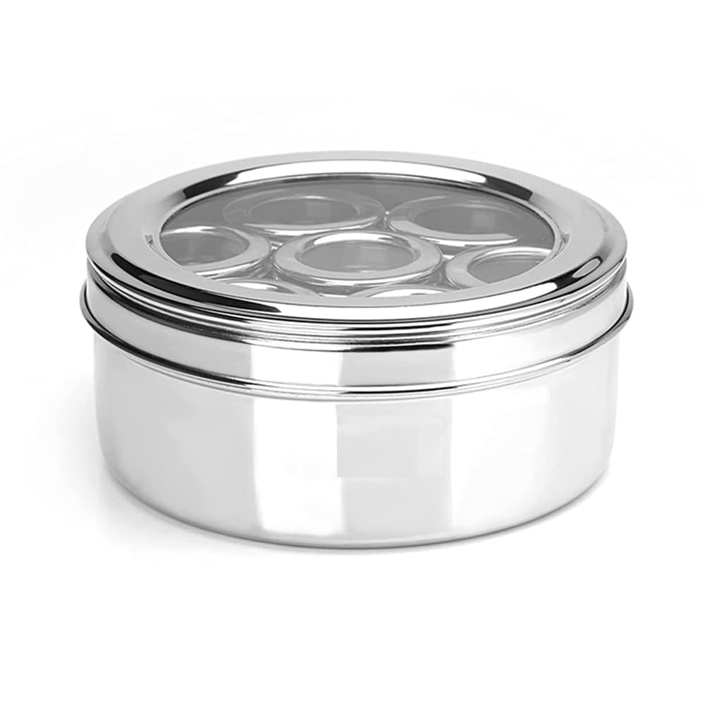 Eddika Stainless Masala Box For Kitchen | Spice Box | Masala Dabba With See Through Lid With 7 Containers And Small Spoon | Silv