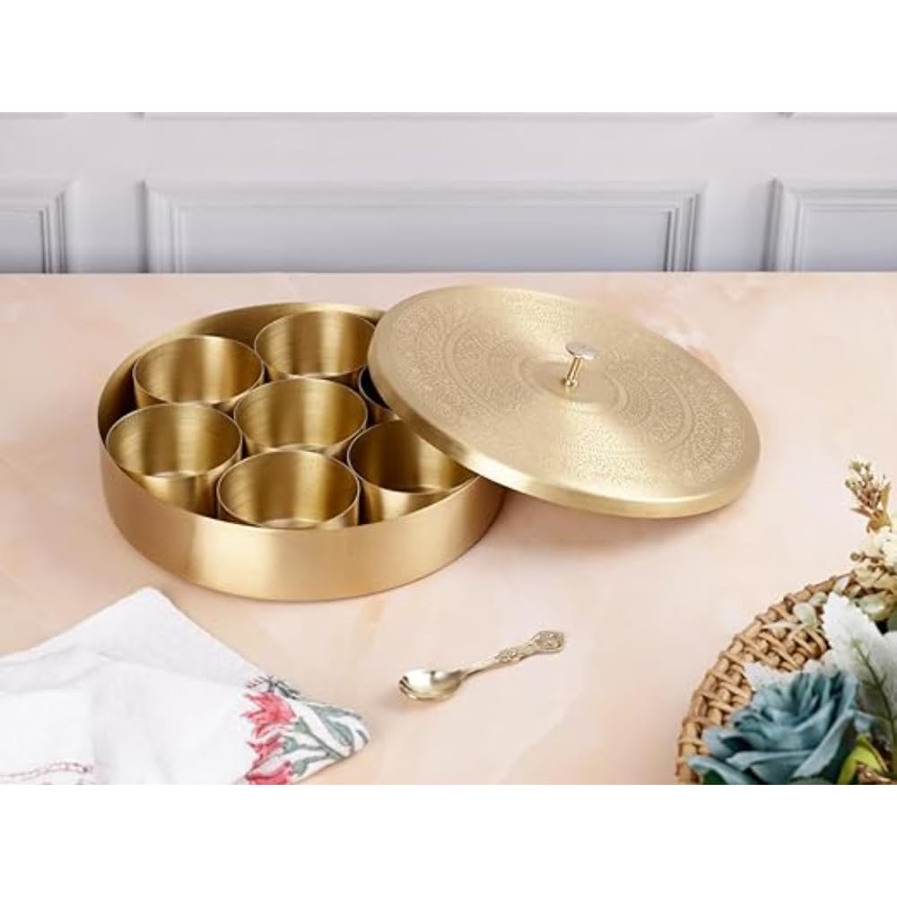 Sanskriti Decor Brass Spice Box For Kitchen (Pure Brass, 7 Detachable Containers, 120 Ml One Spoon) | Iron Masala Box For Kitche