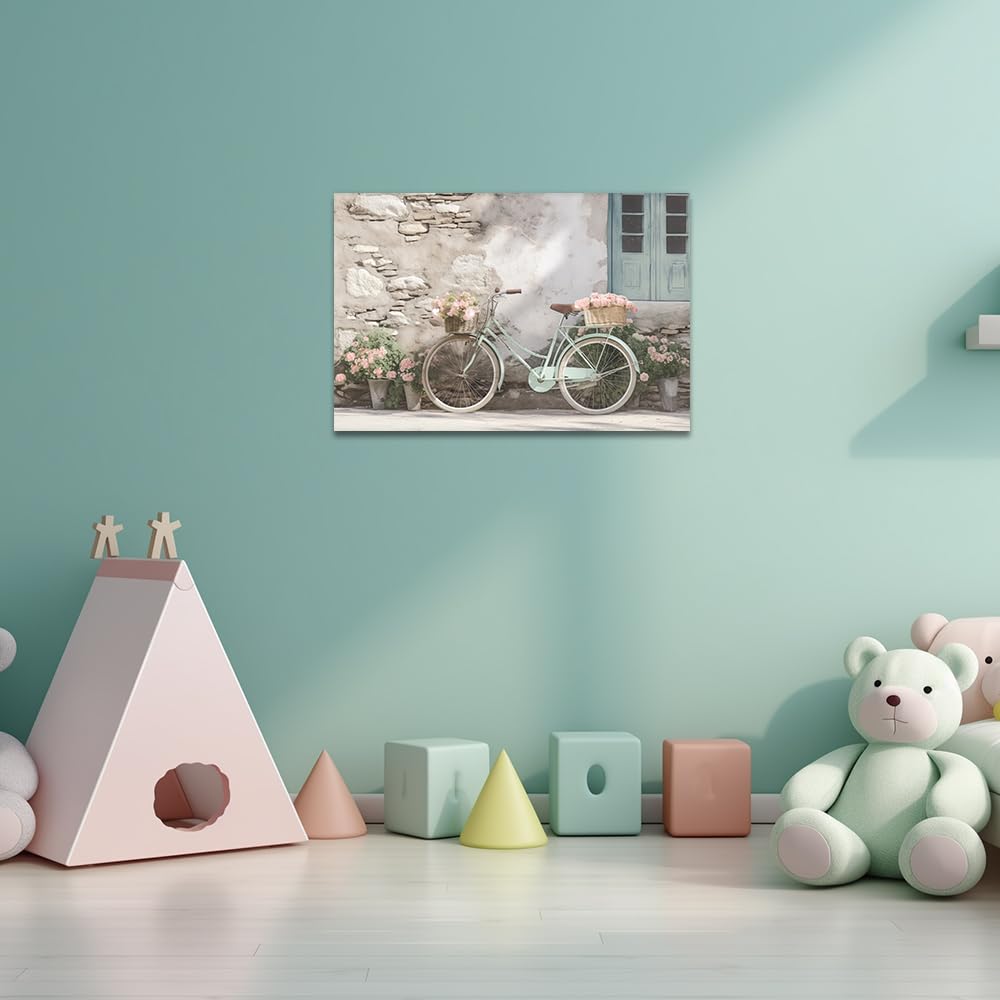 Qixiang Farmhouse Bicycle Picture Wall Decor Teal Bike With Flowers Canvas Paintings Art For Farm Home Wall Decor Framed (Bicycl