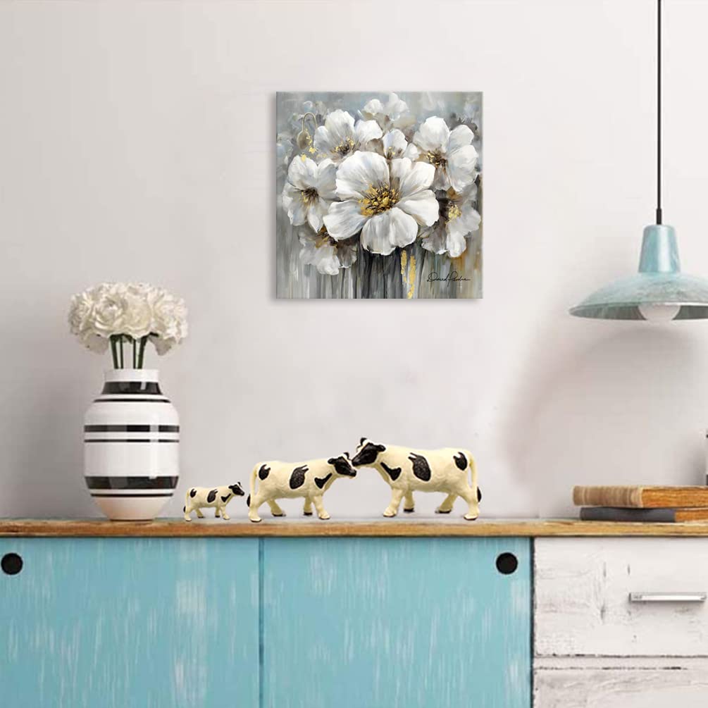 Flower Picture Decor Wall Art White And Gray Floral With Gold For Bedroom Bathroom Walls Decoration, Canvas Framed 13.5X13.5