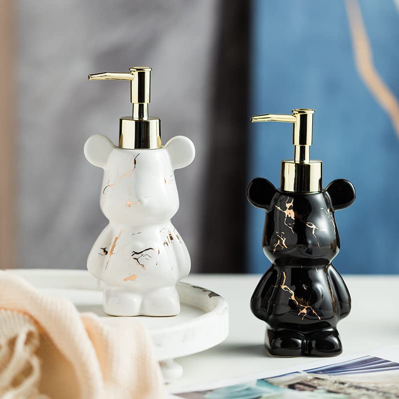 Small Bathroom Soap Dispenser With Pump, Cute Bear-Shaped Design, Ceramic Liquid Soap Dispenser (Marble Black)