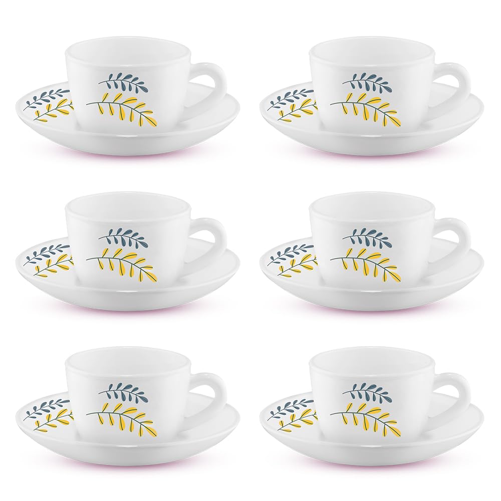 Larah By Borosil Niva Opalware Cup And Saucer Set Of 12 Pcs | Tea/Coffee Cups 145 Ml | Microwave & Dishwasher Safe | BoneAsh Fr