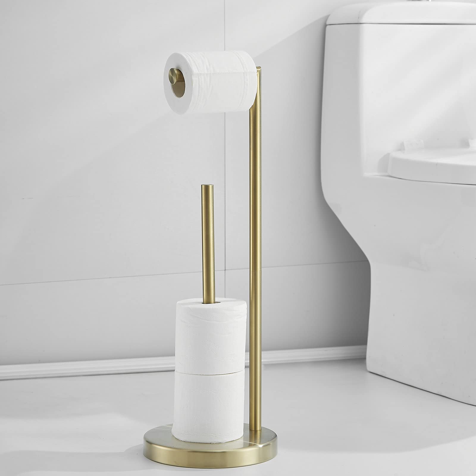 Toilet Paper Roll Holder Stand, Newrain Bathroom Free Standing Toilet Tissue Paper Roll Holder Stand With Reserve Function,Brush