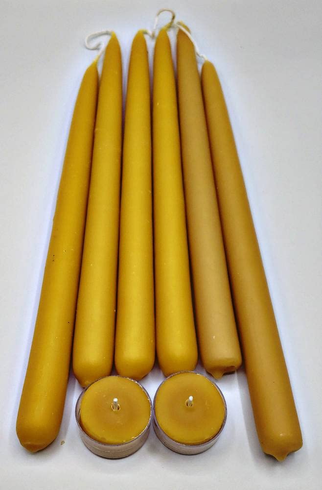 3 Pairs, 12 x7/8 INCH (6 Candles) - Beeswax Early American Style Hand Dipped Taper Candles - Sold in Pairs - with Tea Lights