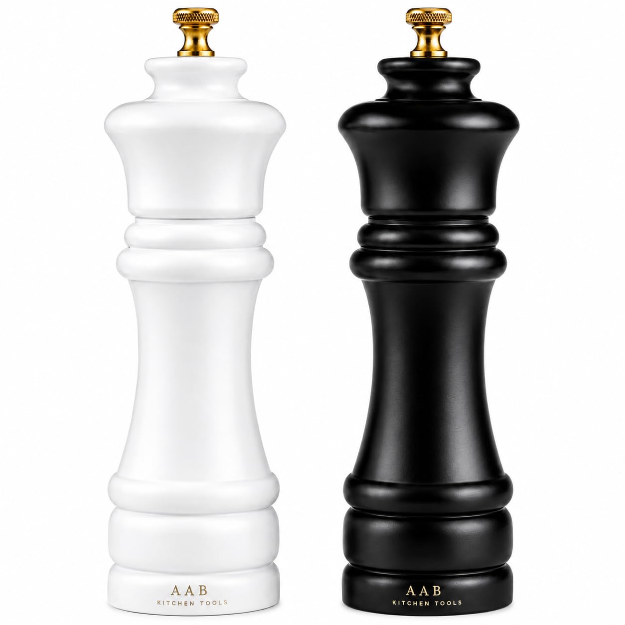 AAB Kitchen Tools Wooden Black and White Manual Refillable Large Salt and Pepper Grinder Set, Shaker with Adjustable Ceramic Gri