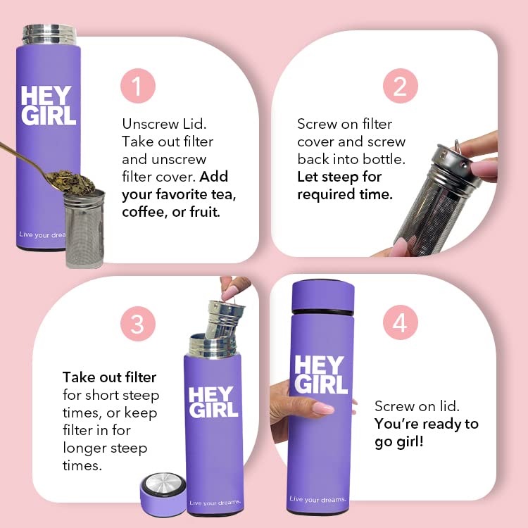 Hey Girl Tea Infuser Bottle 450Ml - Insulated Stainless Steel Water Bottle - Thermos Tea Tumbler With Tea Diffuser - Portable Tr