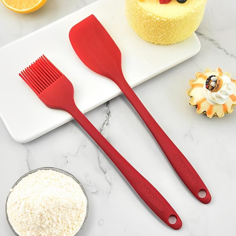 Frenchware (Set Of 2, Red) Oil Brush For Cooking & Non-Stick Silicone Spatula Baking & Mixing - Seamless Design, Heat-Resistant 