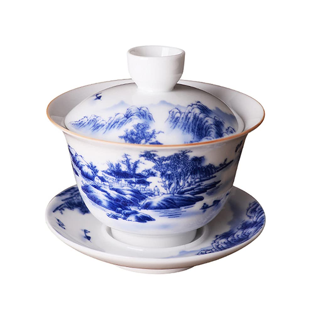 Jingdezhen Chinese Gaiwan Handmade 6.3Oz/180Ml Mountain Style China Blue And White Porcelain Gaiwan Kungfu Teacup Traditional Ch