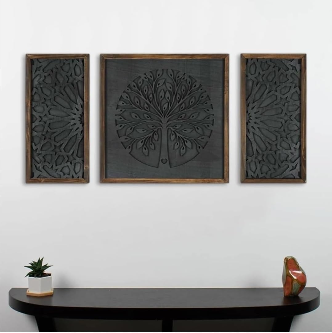 Upzing Decor Life Tree Wooden Set Of 3 Life Tree Wooden Wall Panel Set 3 Wall Hangings,Bedroom Carving Panel Aesthetic Style, Ma