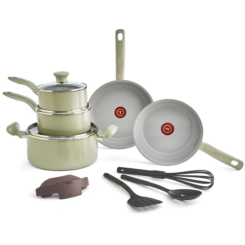 T-fal Recycled Ceramic Nonstick Cookware Set 12 Piece, Oven Safe 350F, Pots and Pans, Fry Pan, Kitchen tools, Green
