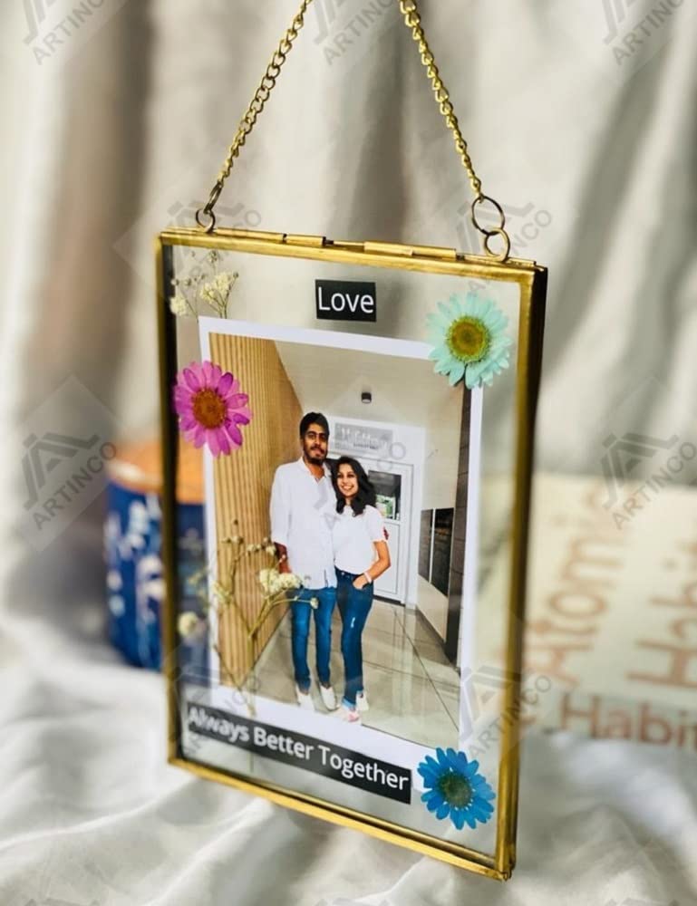 Artinco Art India Collections Hanging Brass Glass Rectangular Photo Frame For Dried Flowers, Pressed Flowers, Poster, Double Gla
