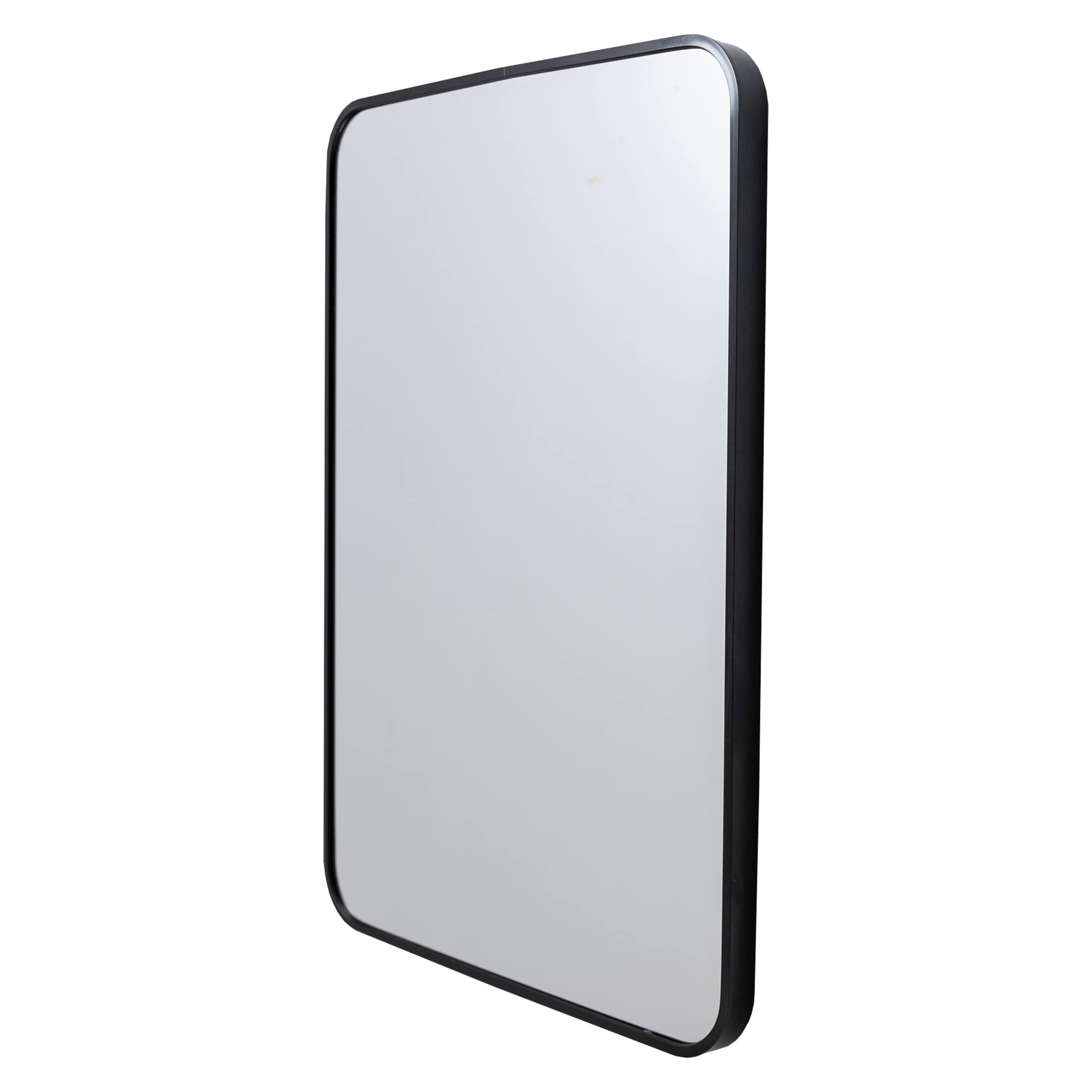 The Urban Port 28-Inch Mid Century Modern Wall Mirror with Rectangular Metal Frame, Round Corner, Black