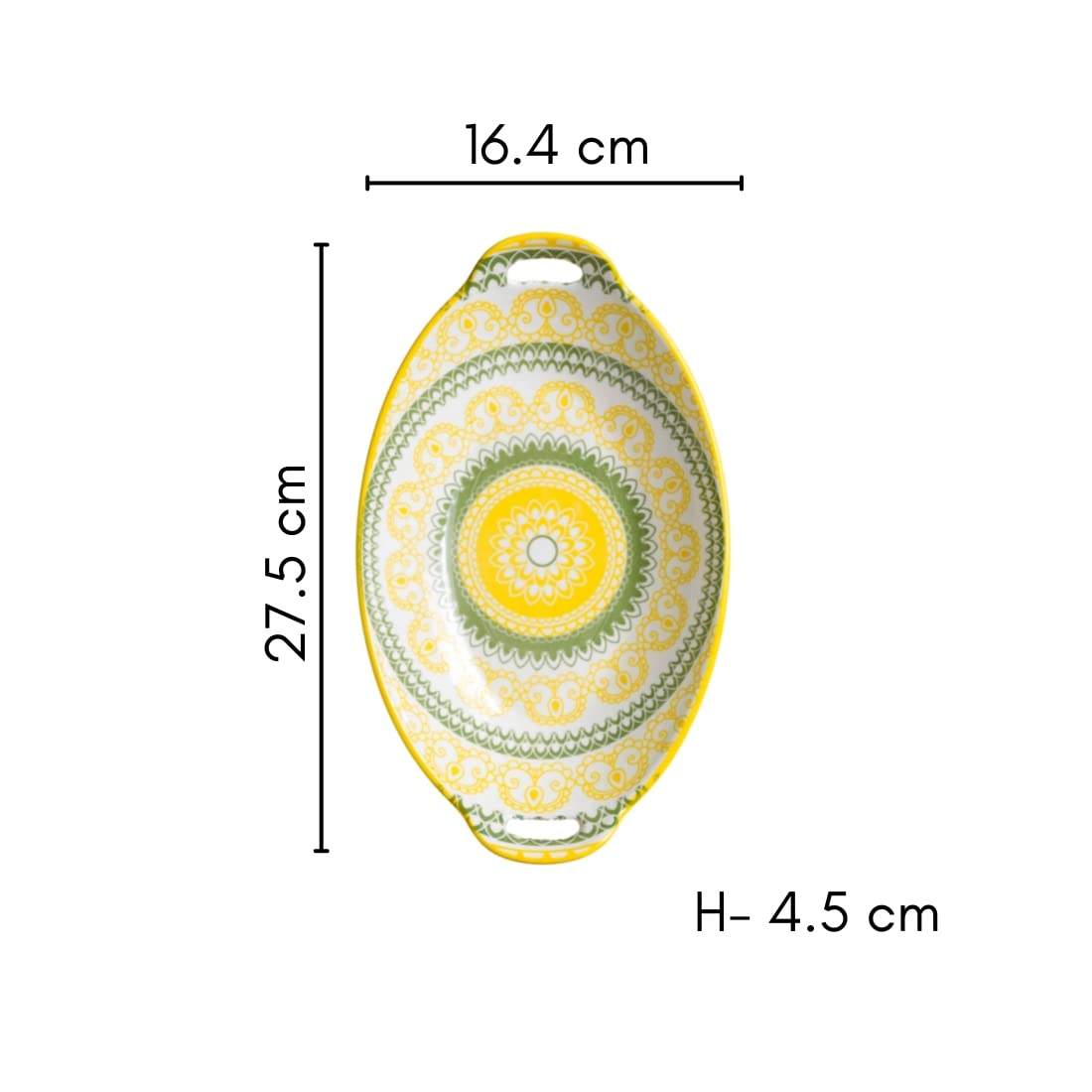 Nestasia Yellow and Green Mandala Ceramic Long Dish with Handles for Serving Snacks, Appetizers, Salads, and Noodles| Microwave
