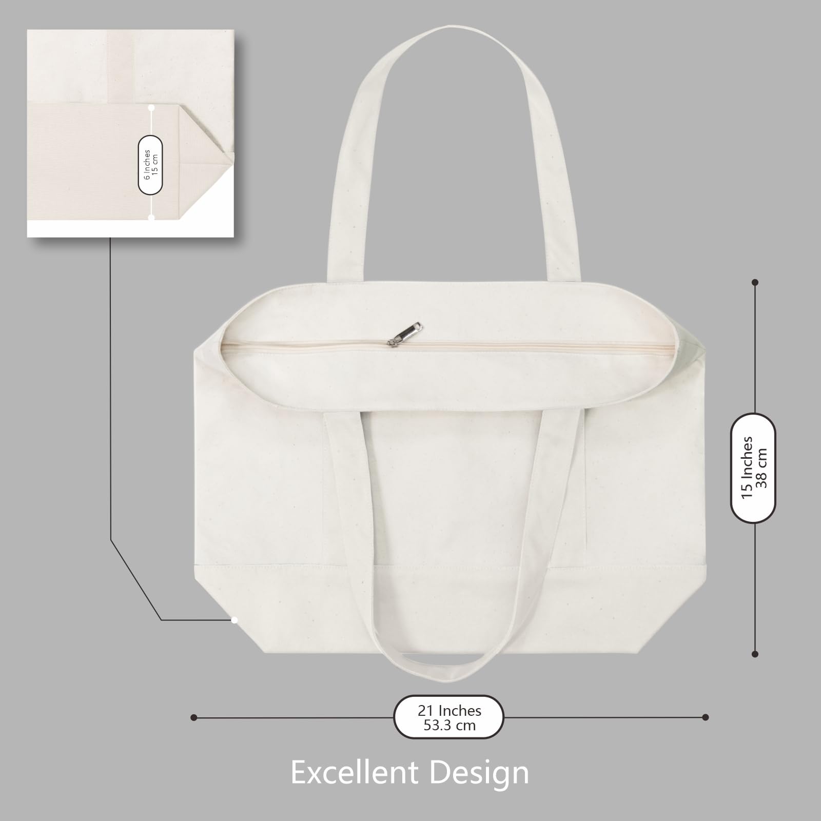 Topdesign 3-Pack Stylish Canvas Tote Bag With An External Pocket, Top Zipper Closure, Daily Essentials (Natural)