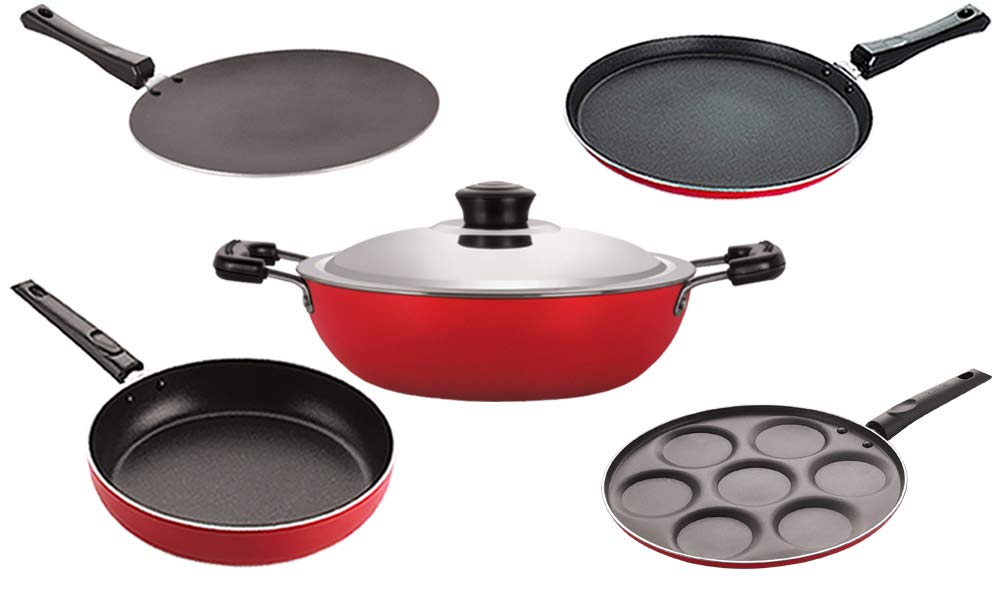 Nirlon Non Stick Cookware Set Of 5 Pieces Combo With Bakelight Handle (26_Ft12_Ct_Dkdb_Up_Fp12)