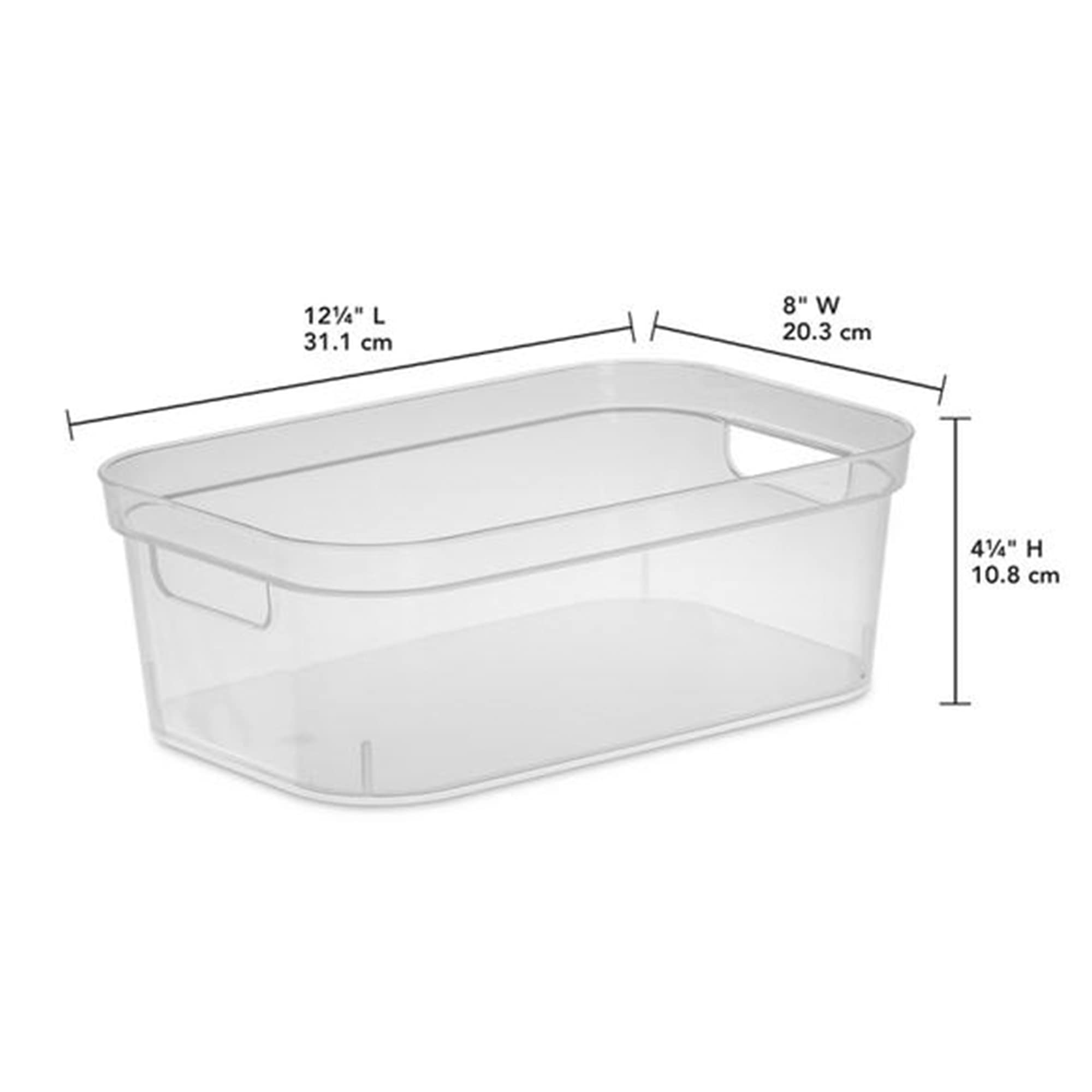 Sterilite 4.25 x 8 x 12.25 Inch Small Modern Storage Bin with Comfortable Carry Through Handles and Banded Rim for Household Organization  Clear