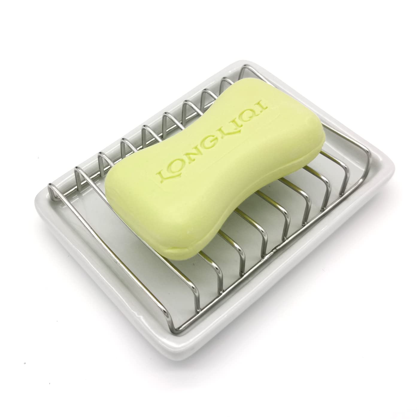 Bolagar Ceramic Soap Dish With Stainless Steel Drain Tray Self Draining Soap Holder Sponge Holder Soap Dishes For Shower, Bathro