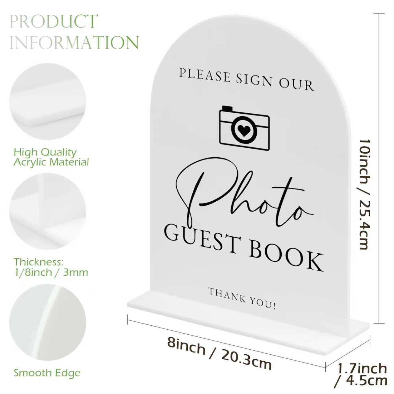 White Arch Acrylic Wedding Sign- 8x10 Photo Guestbook Sign and Base,1/8 Thick | Modern Calligraphy Arched Acrylic Signs for Wedd