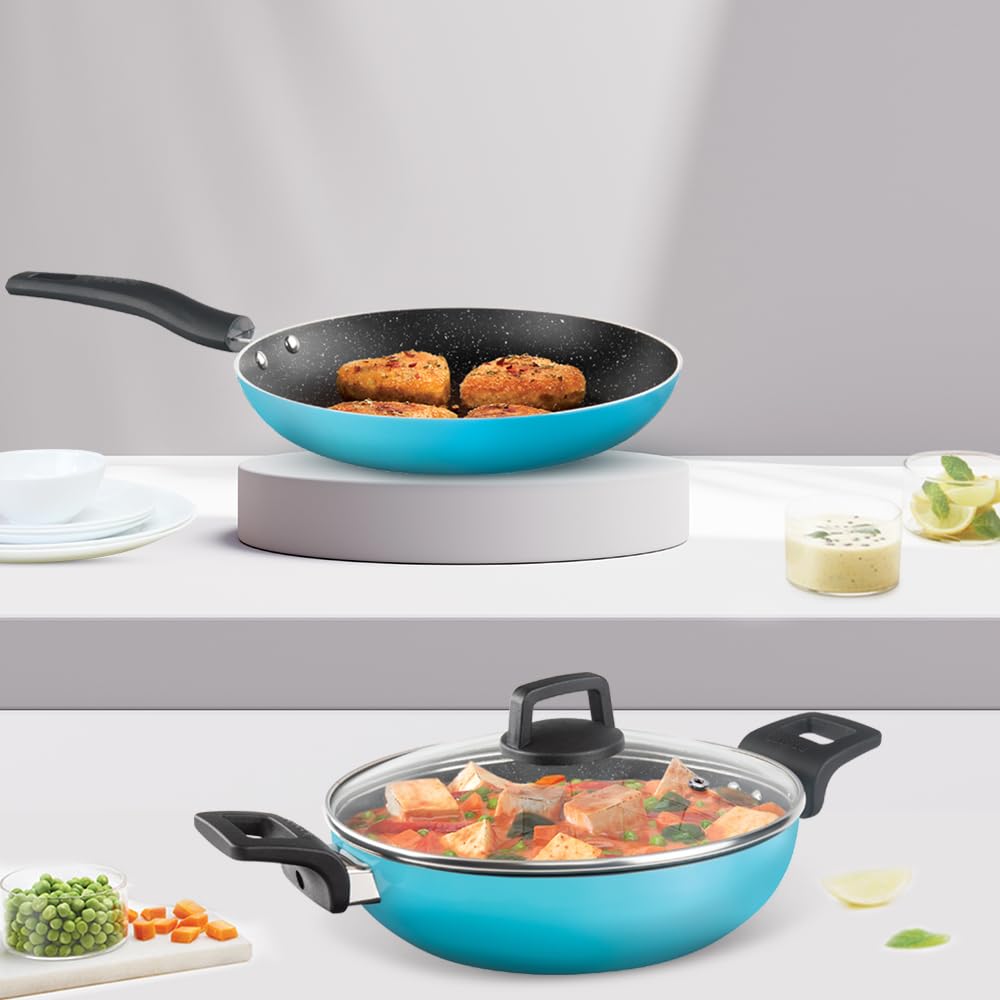 Borosil Festive Glory NonStick Set Of 3 Kadhai (24 Cm), Fry Pan (24 Cm) & 1 Lid, Gas Stove & Induction Compatible, Metal Spoon 