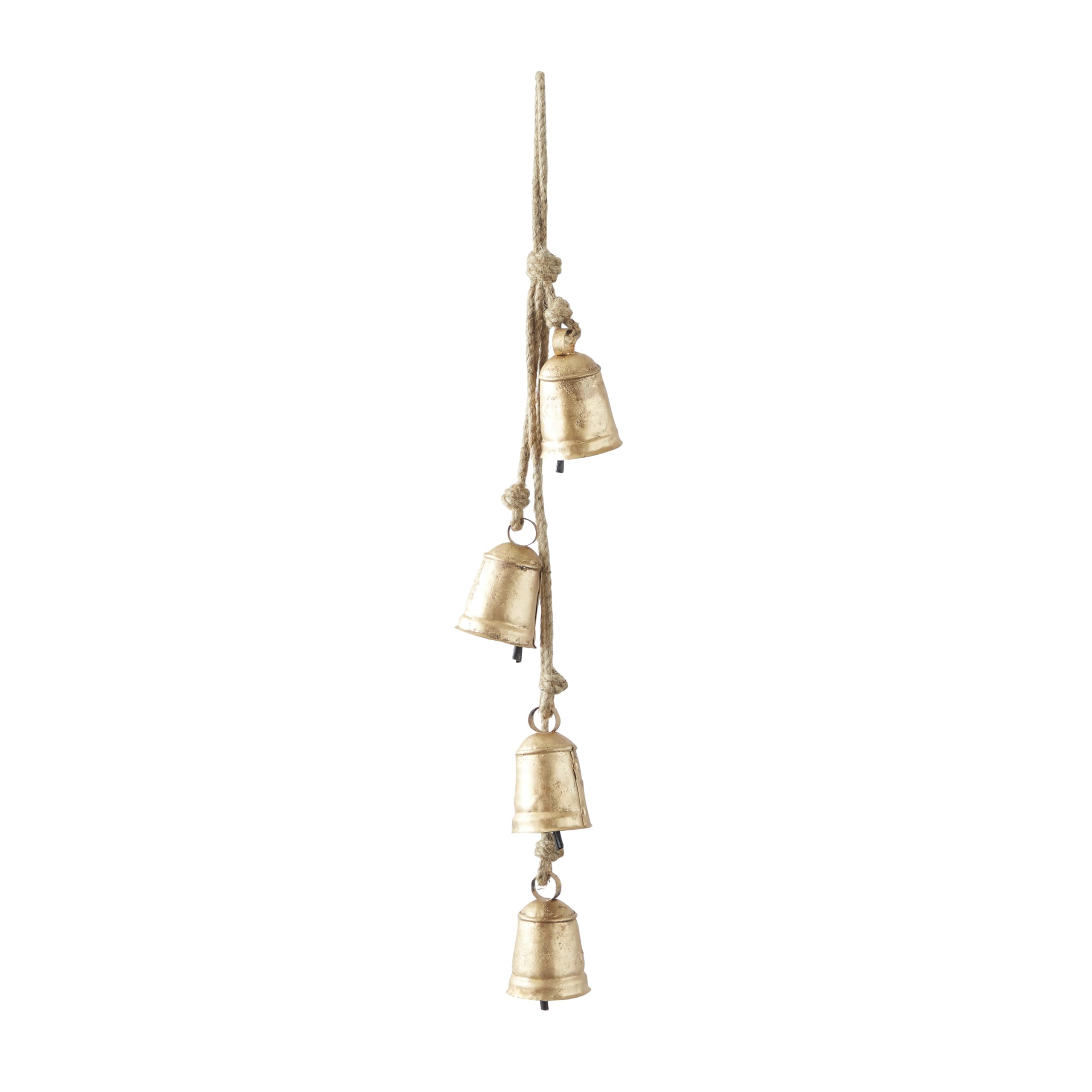 Deco 79 Metal Handmade Tibetan Inspired Decorative Cow Bells with 4 Bells on Jute Hanging Rope, 4 x 3 x 29, Gold
