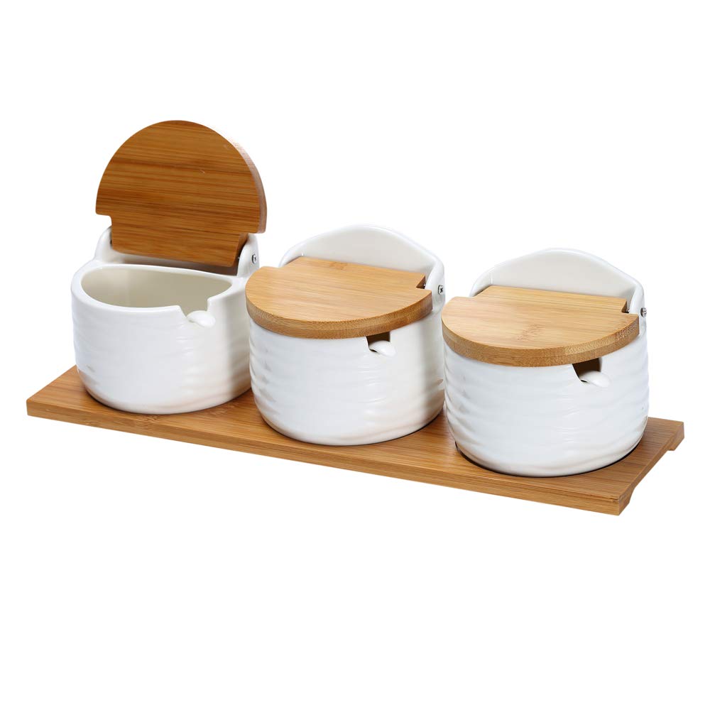 Ceramic Sugar Bowl with Bamboo Lids and Spoons Serving Tray, Porcelain Sugar Container for Sugar Tea Coffee Spice,Salt Condiment