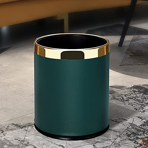 Luxury Metal Waste Bin 10L, Double Layer Trash Can Pu Leather Covered Round Wastebasket Dust Bins For Kitchen Bathroom Hotel Off