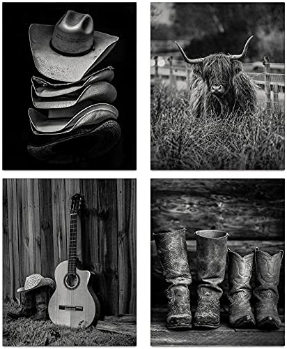 Niio Western Cowboy Wall Art, Highland Cow Print, Boots Straw Hat And Longhorn Decor Vintage Farmhouse Canvas For Men'S Bedroom,