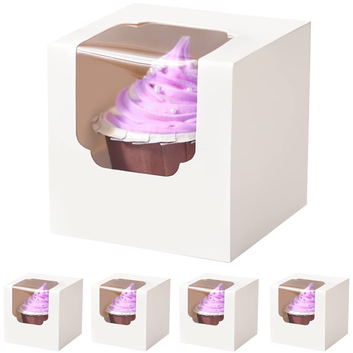 Shallive White Cupcake Boxes Individual 15 Count Pre-Assembled With Window And Inserts, Individual Cupcake Containers Auto-Popup