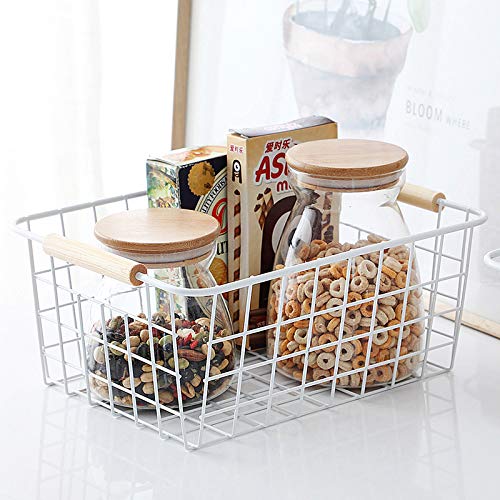 Lelecat White Wire Baskets With Handles Wire Storage Organizer Baskets For Kitchen, Household Refrigerator For Cabinets, Pantry,
