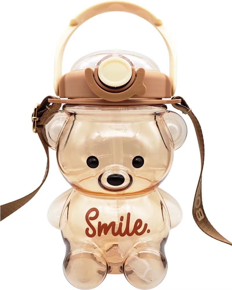 Dreamfocus Bear Water Bottles, Bear Cup with Straw, Cute Charms and Strap for School Gifts