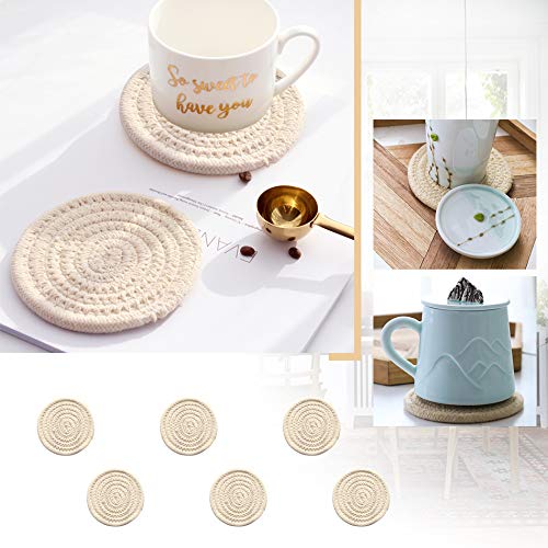 Gracelife 6Pcs Cup Mat Pure Cotton Thread Weave Round Drink Hot Pads Mats Set Absorbent Scald-Proof Drink Coasters (Beige)