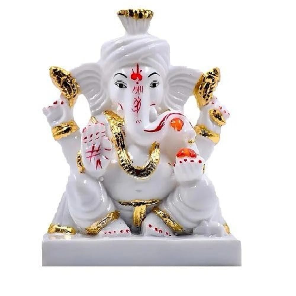 Seema Handicraft Pagadi Ganesh Idol White And Gold, Marble For Home, Office, Gift, Good Luck, Lord Ganesha